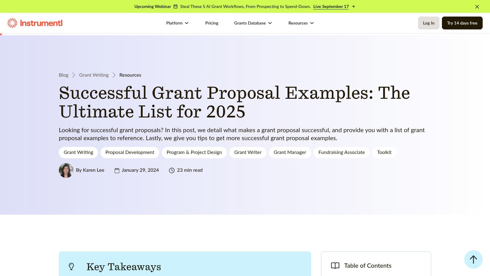 Instrumentl, curated successful proposal examples