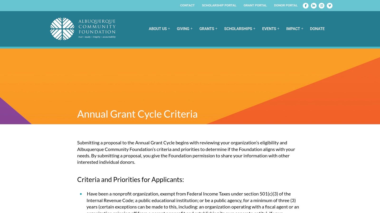 Annual Grant Cycle, Albuquerque Community Foundation