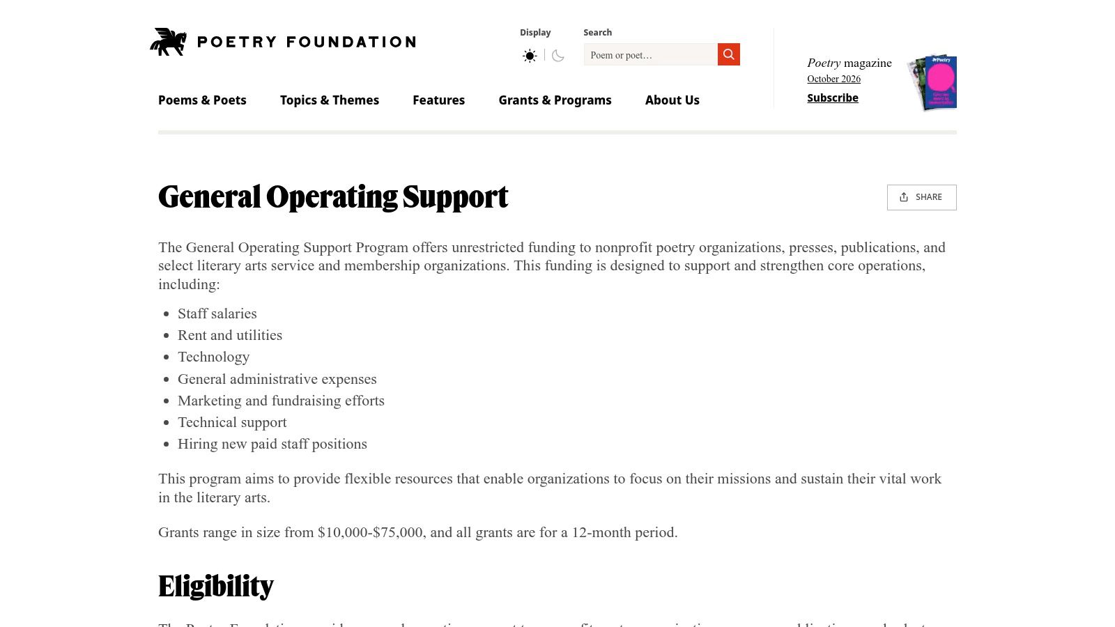 Poetry Foundation, General Operating Support