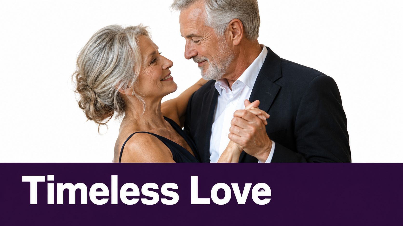 A sophisticated elderly couple smiling warmly while slow dancing together against a white studio background.