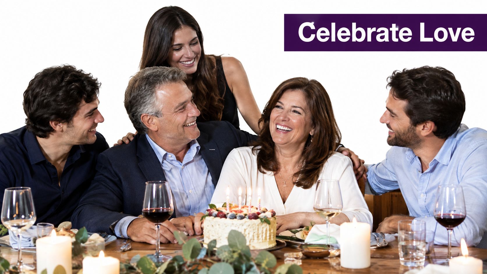 A happy family celebrating an anniversary dinner with a cake and wine at a table together.