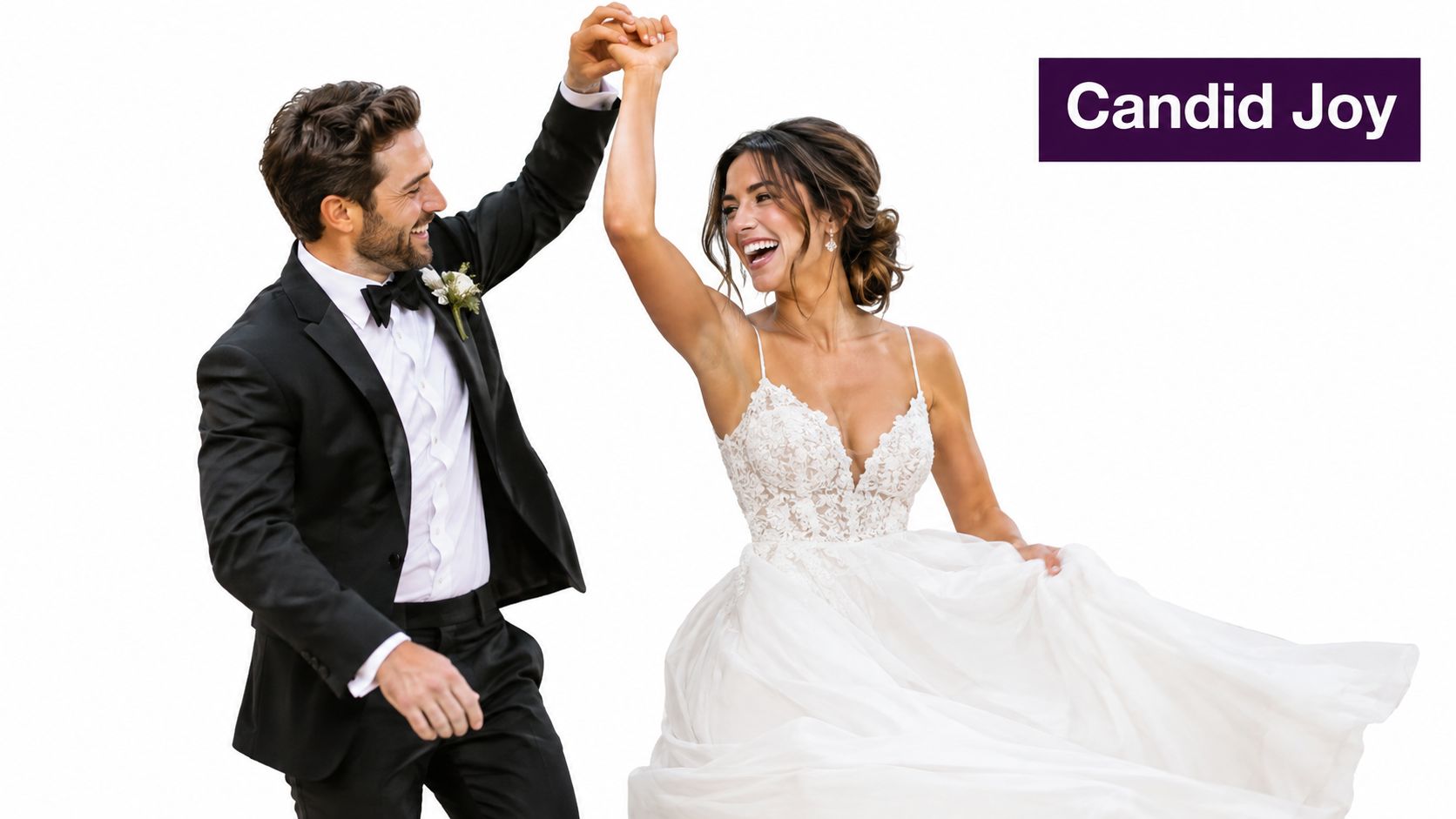 A happy bride and groom in formal wedding attire laughing and dancing during their first dance.