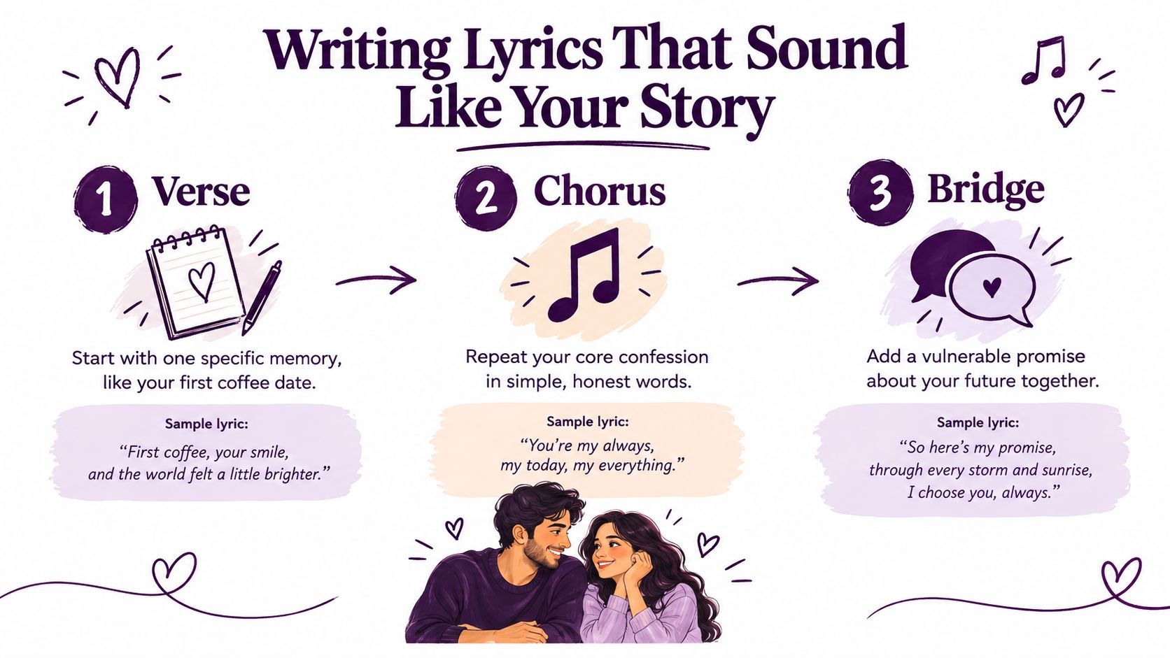 A helpful infographic guide with three steps for writing a love song based on personal story memories.