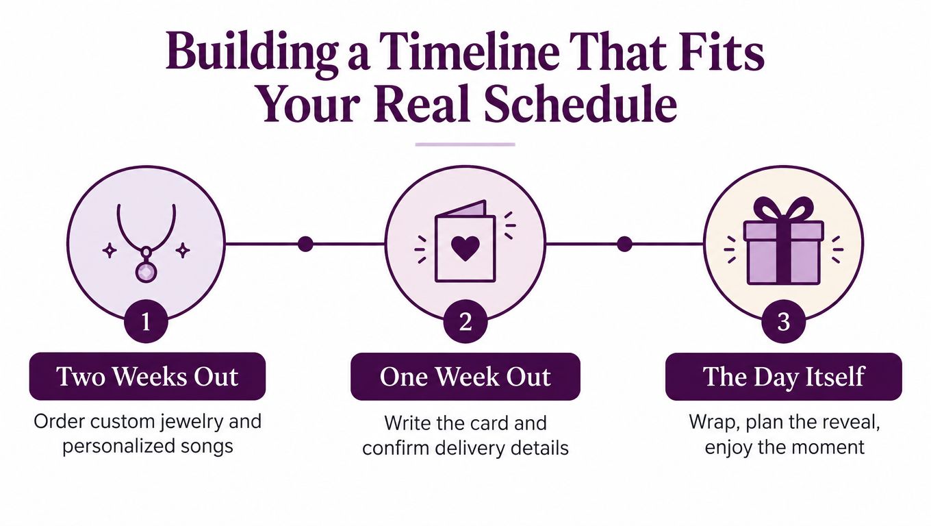 A three-step infographic showing a timeline for planning personalized Valentines Day gifts and surprise preparations.