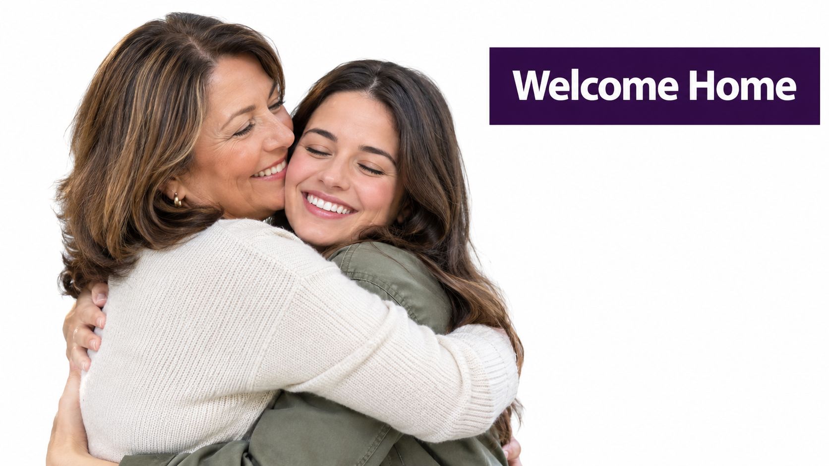 A warm and affectionate moment between a smiling middle-aged woman and her young adult daughter embracing.