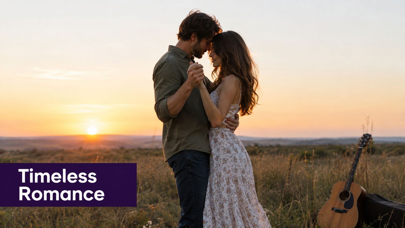 A couple dancing intimately in a field at sunset with an acoustic guitar nearby in the background.