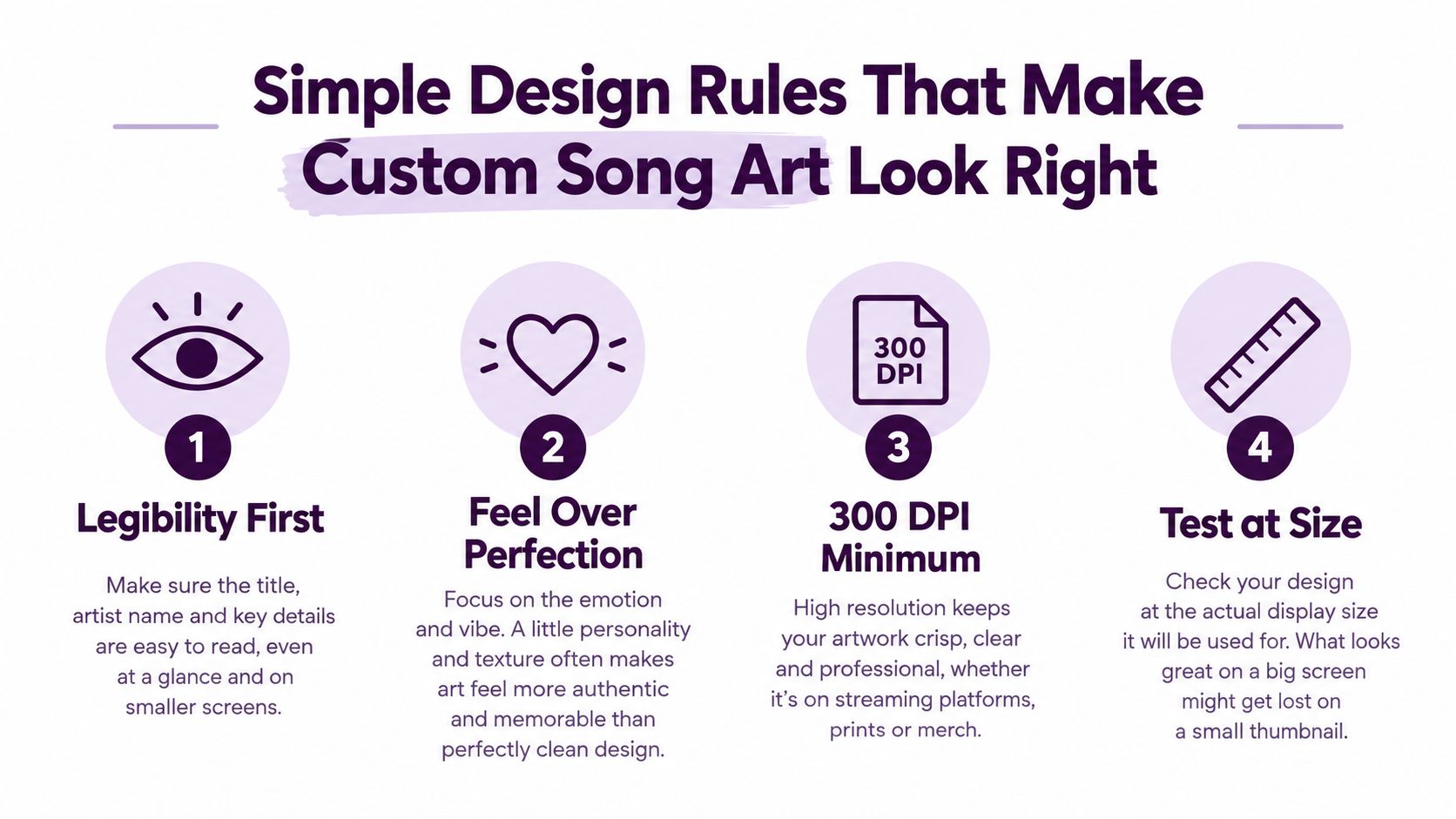 An infographic detailing four essential design principles for creating professional and readable custom song art cover designs.