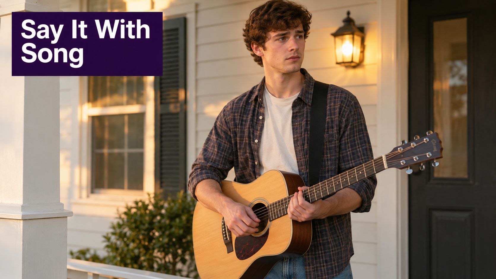 A young man playing an acoustic guitar while standing on the front porch of a house.