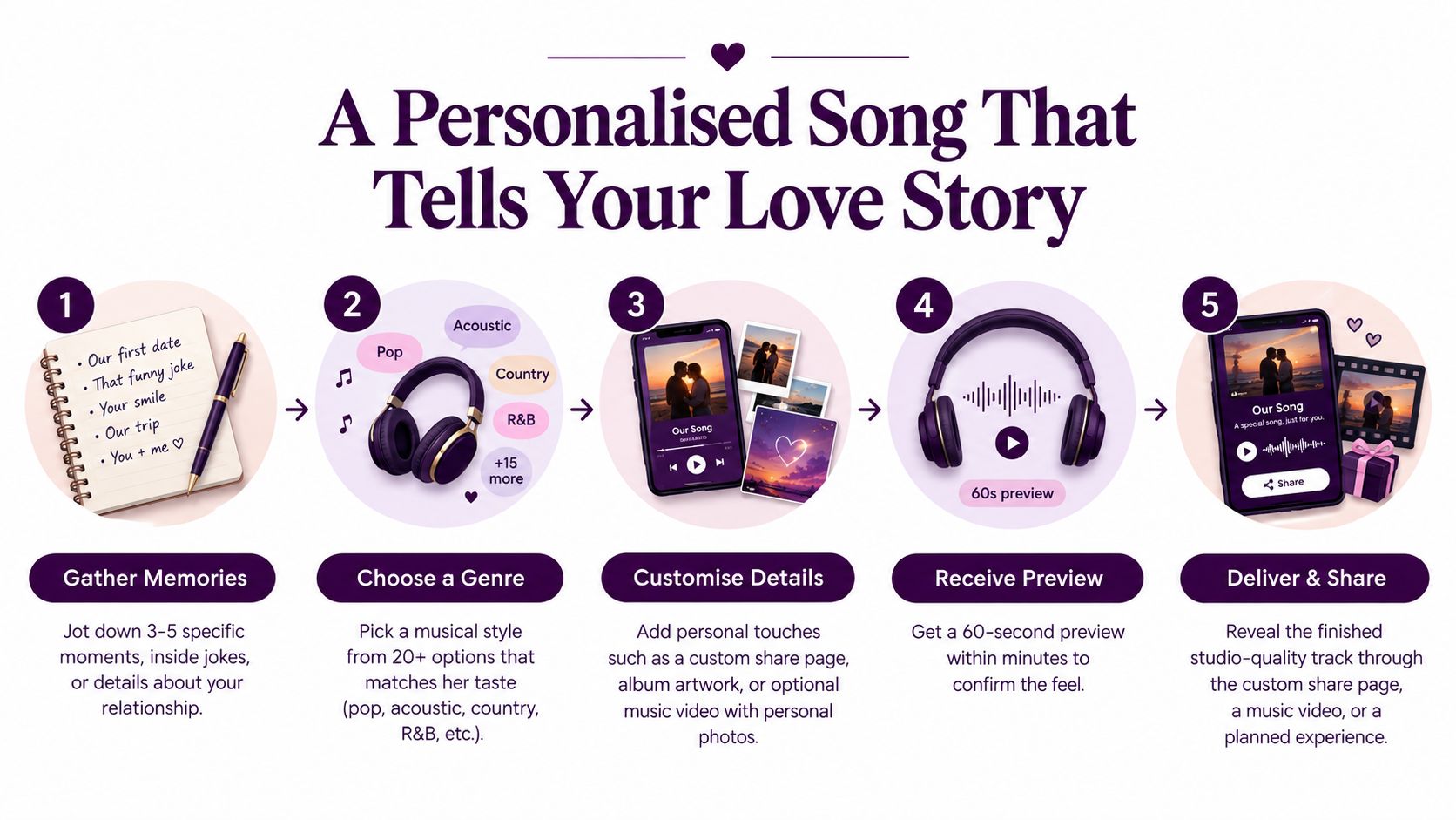 A five-step infographic explaining the process of creating a custom personalised song for a significant other.
