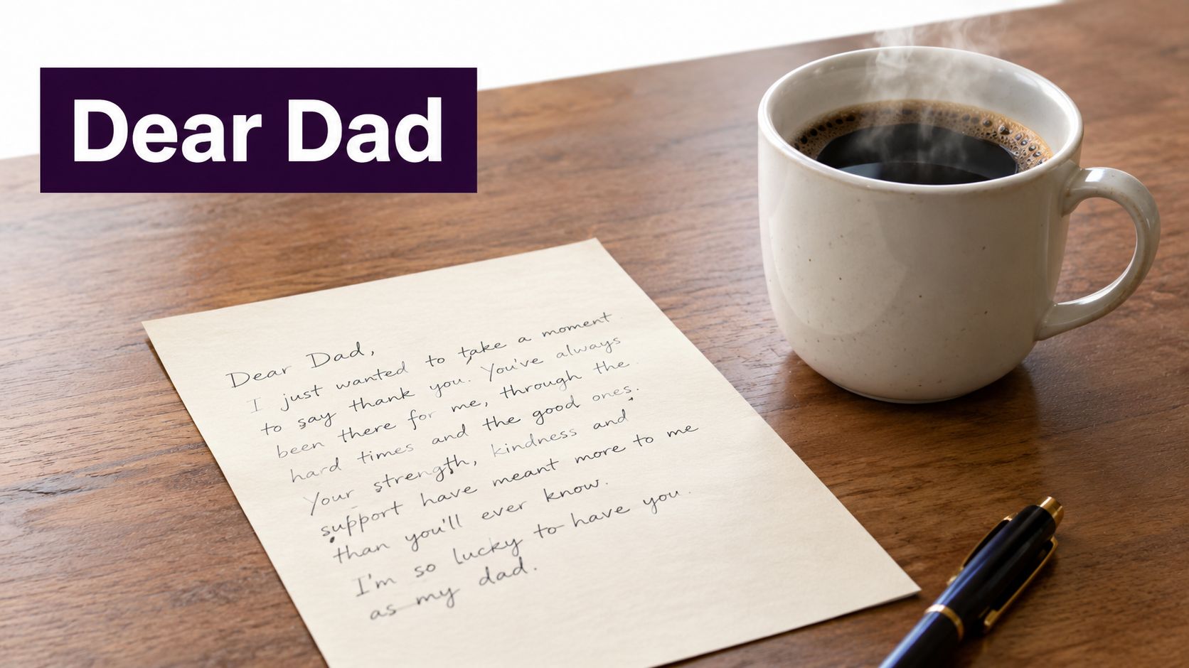 A handwritten letter to dad sits on a wooden desk next to a steaming mug of coffee.
