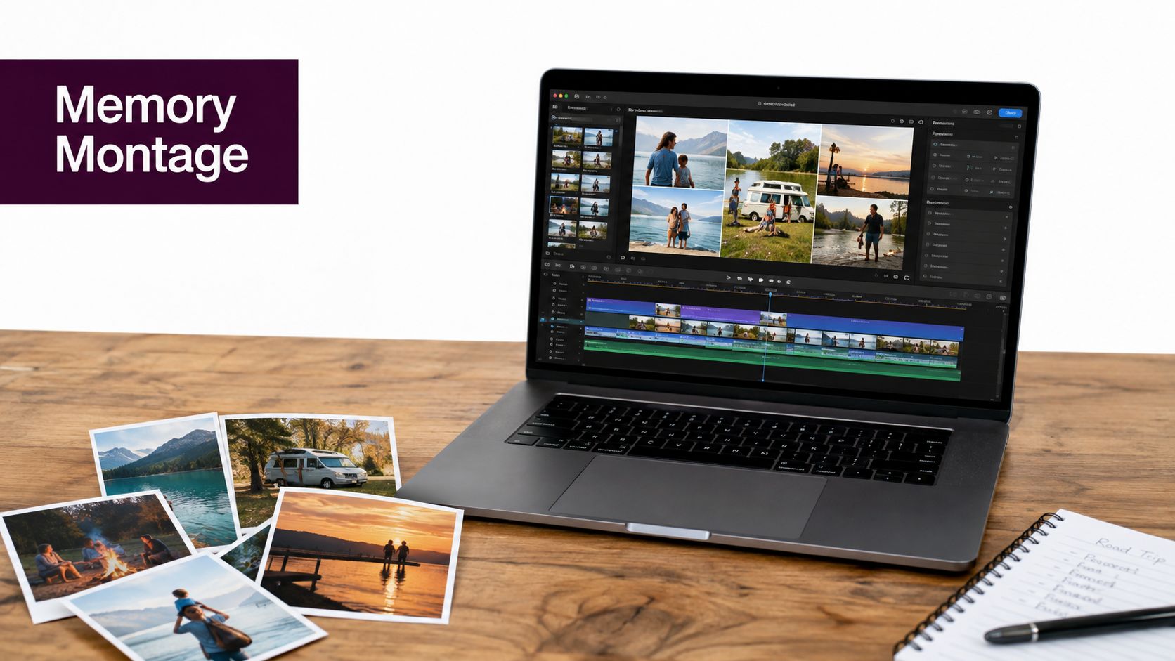 A laptop editing travel photos next to printed pictures on a wooden desk with a notebook.
