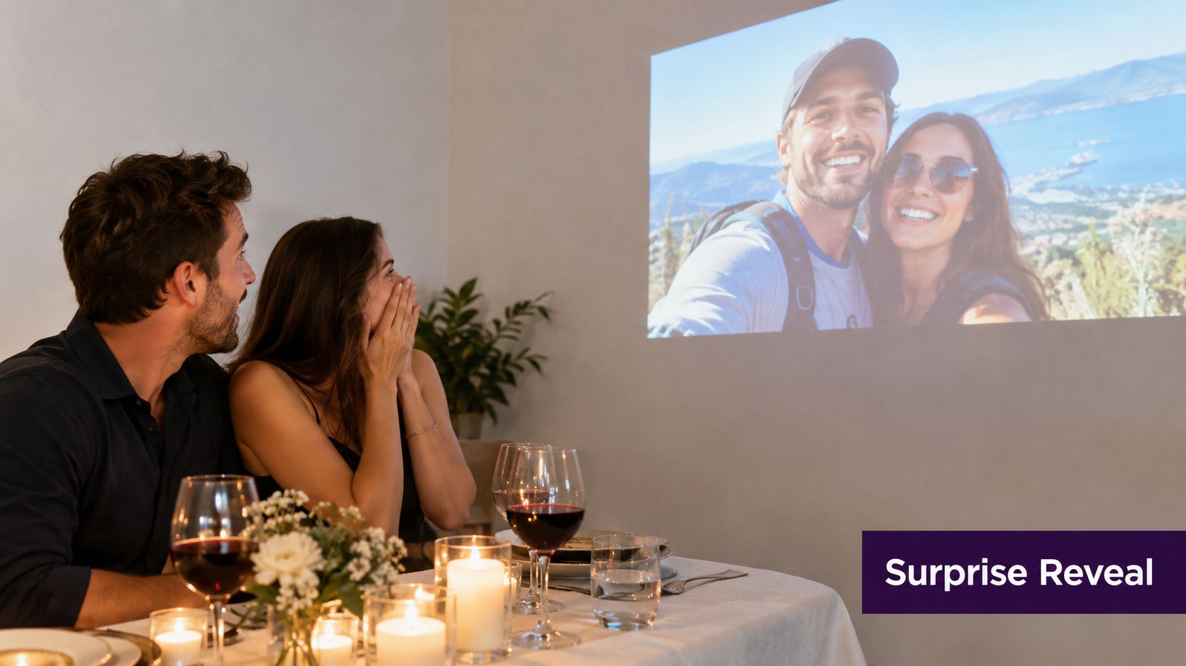 A happy couple celebrating with wine and a projector screen showing a memorable photo of themselves