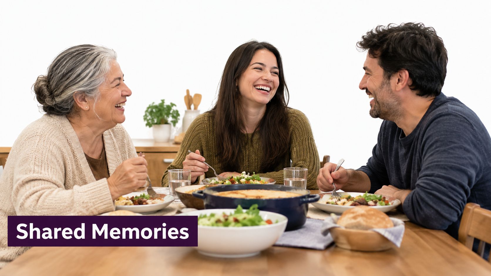 A happy family laughing together while enjoying a delicious meal during a dinner gathering at home.