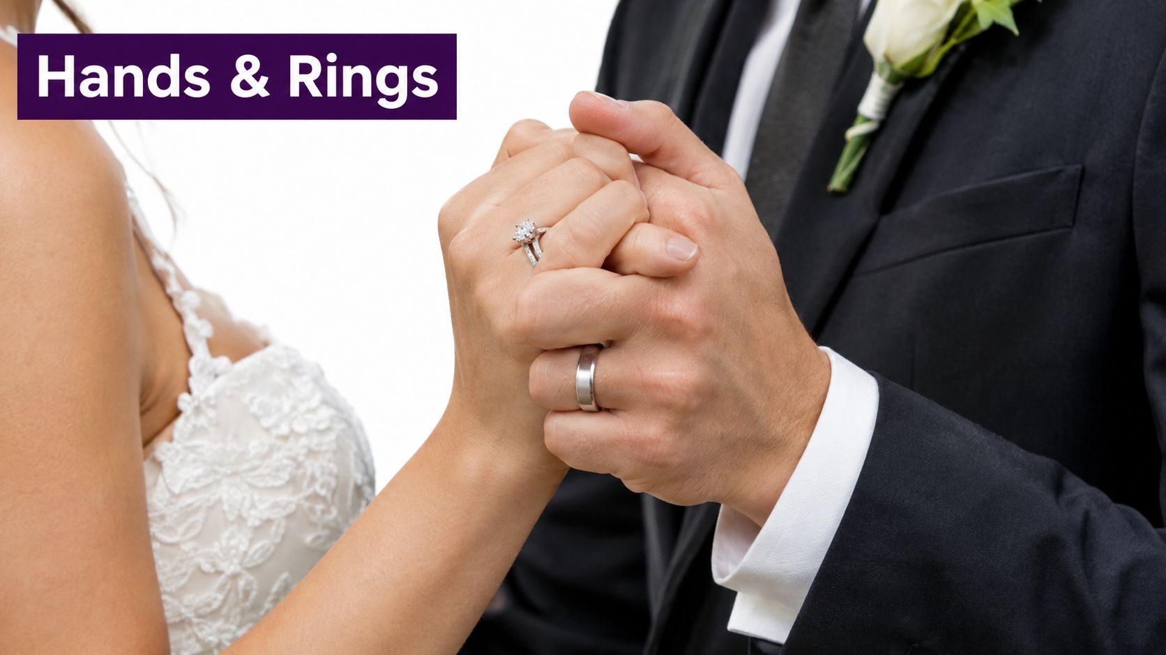A close-up view of a bride and groom holding hands, showcasing their beautiful wedding rings during marriage.