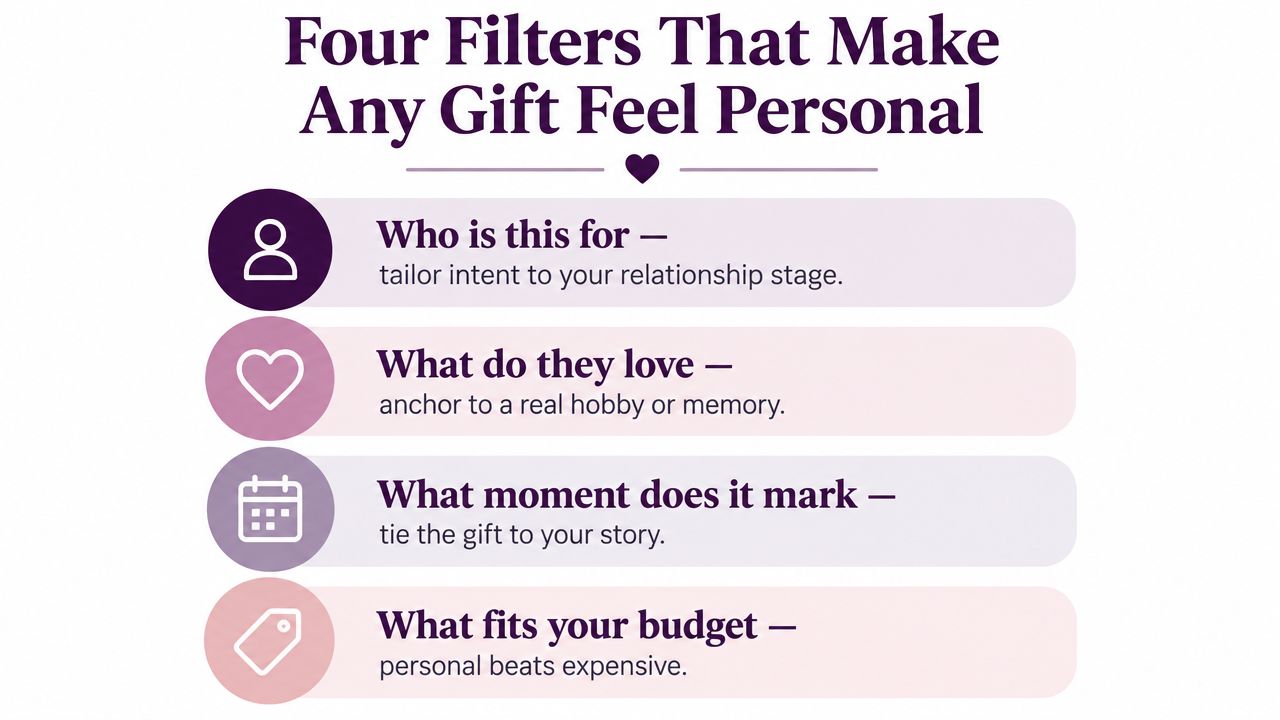 A graphic listing four steps to select a personal gift: recipient, hobby, occasion, and budget.