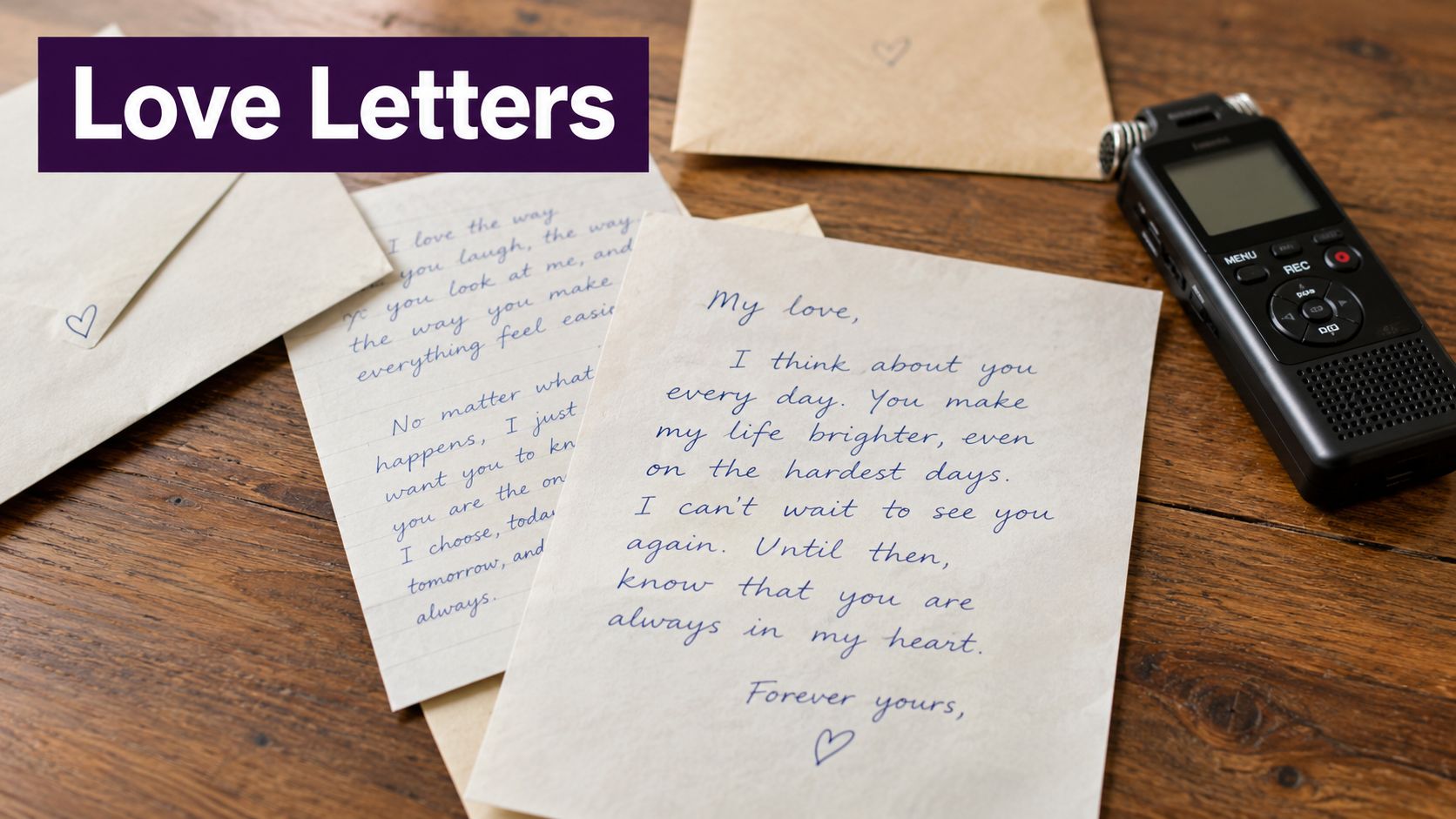 Several handwritten love letters placed on a wooden table next to a digital audio voice recorder.