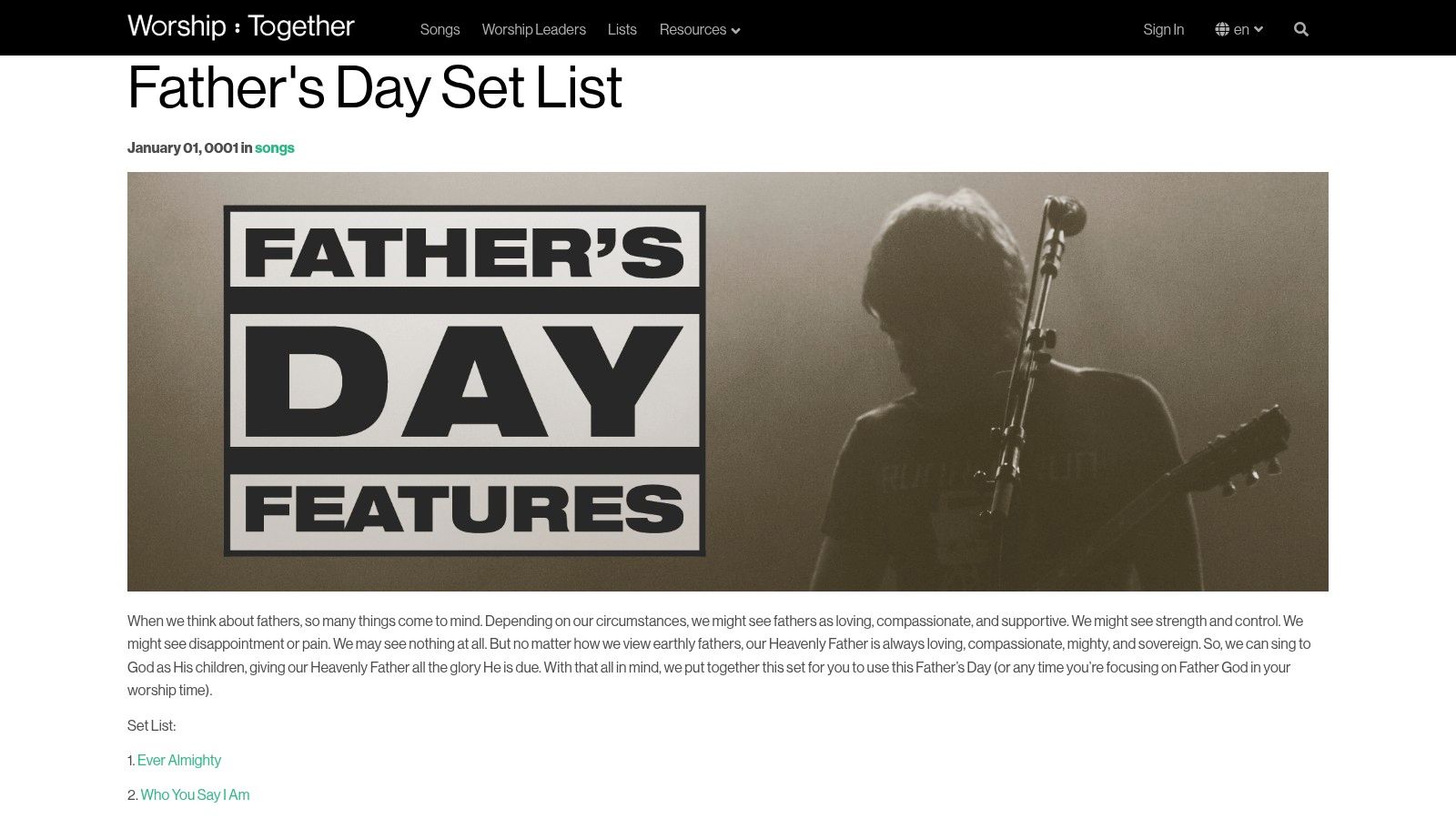 Worship Together – "Father's Day Set List" (article/resource)