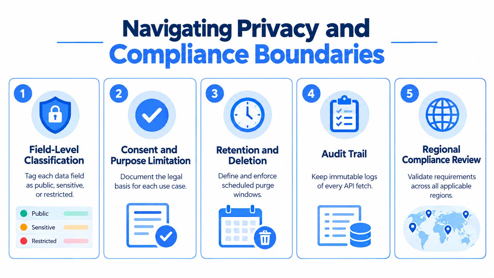 A five-step infographic guide explaining privacy and compliance boundaries for data management and security.
