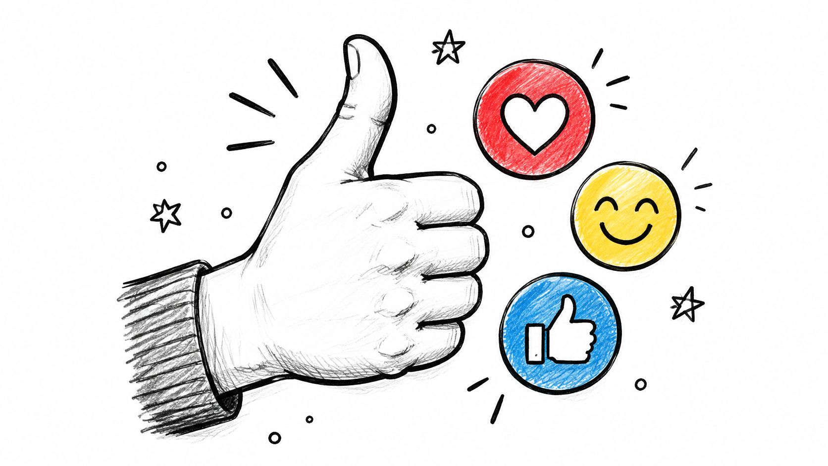 A hand-drawn illustration of a thumbs up gesture alongside social media engagement reaction icons in color.