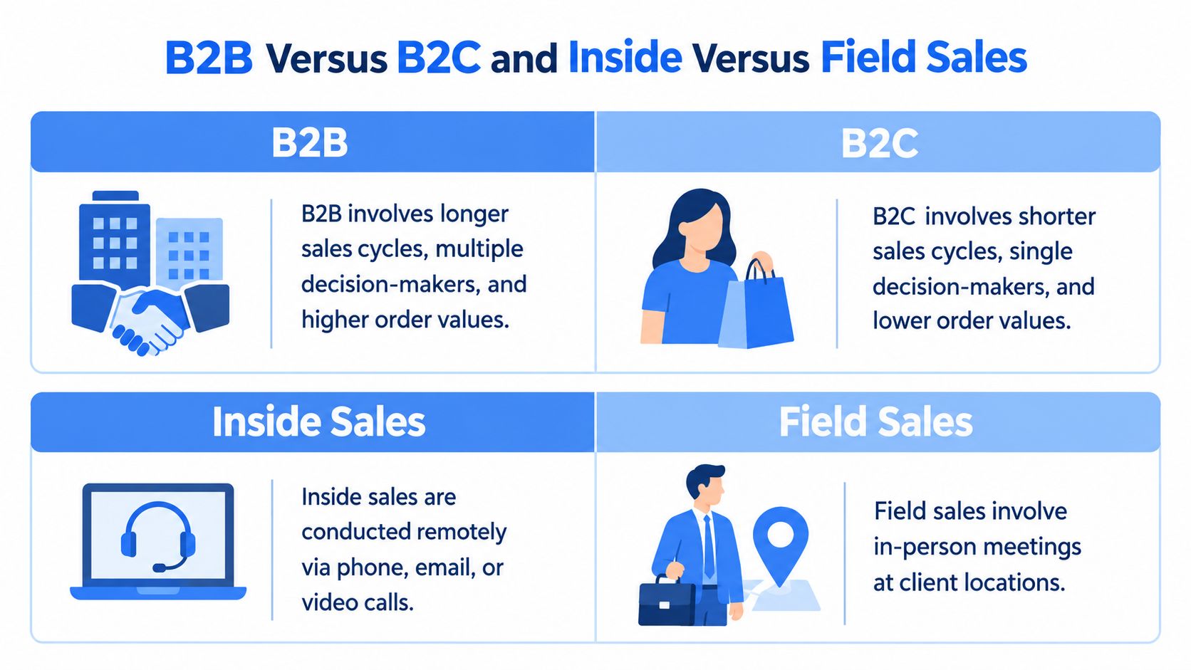 A comparison chart showing the differences between B2B versus B2C models and inside versus field sales.