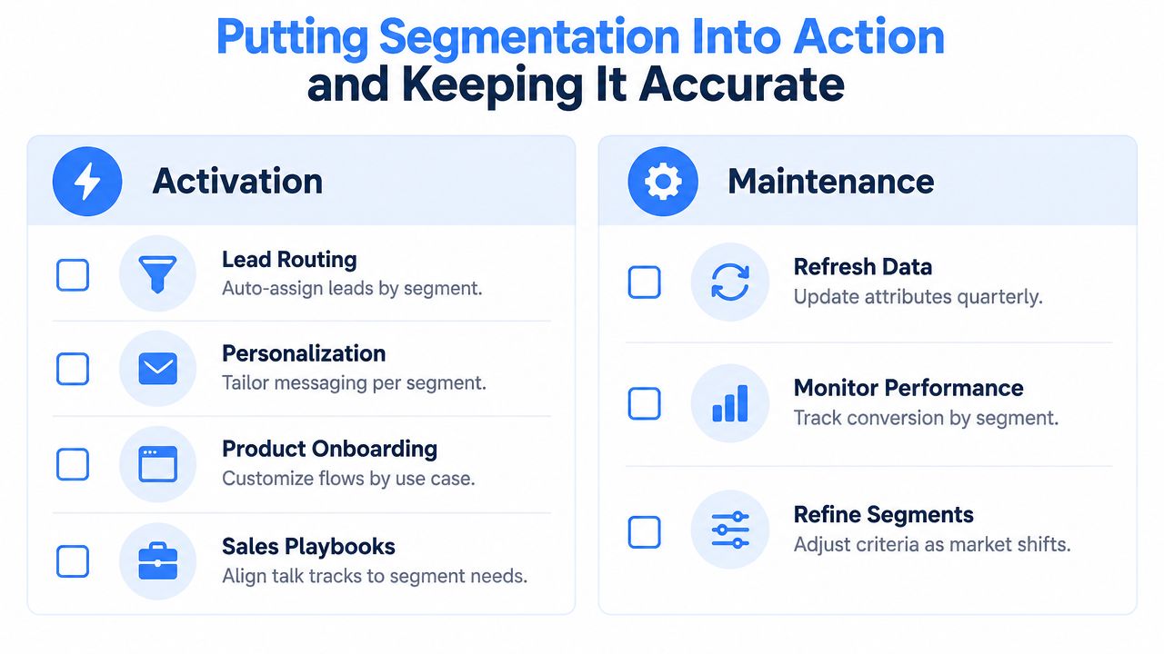 A diagram outlining the strategies for B2B market segmentation, divided into activation and maintenance phases.