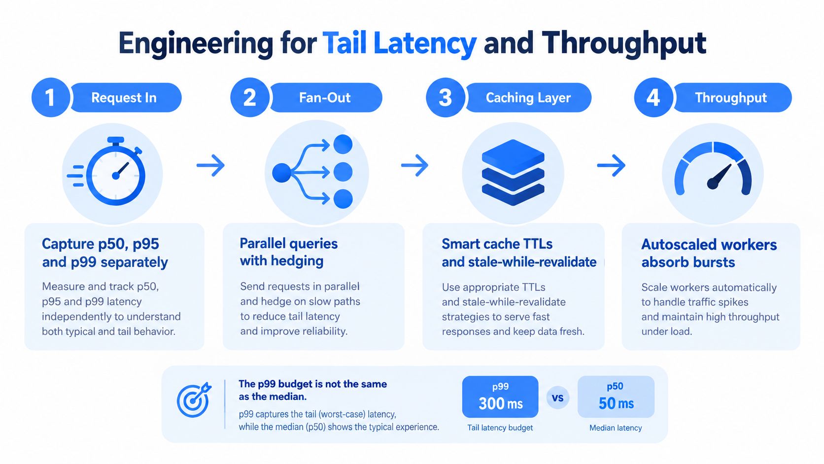 An infographic detailing four engineering strategies for managing tail latency and improving system throughput for APIs.