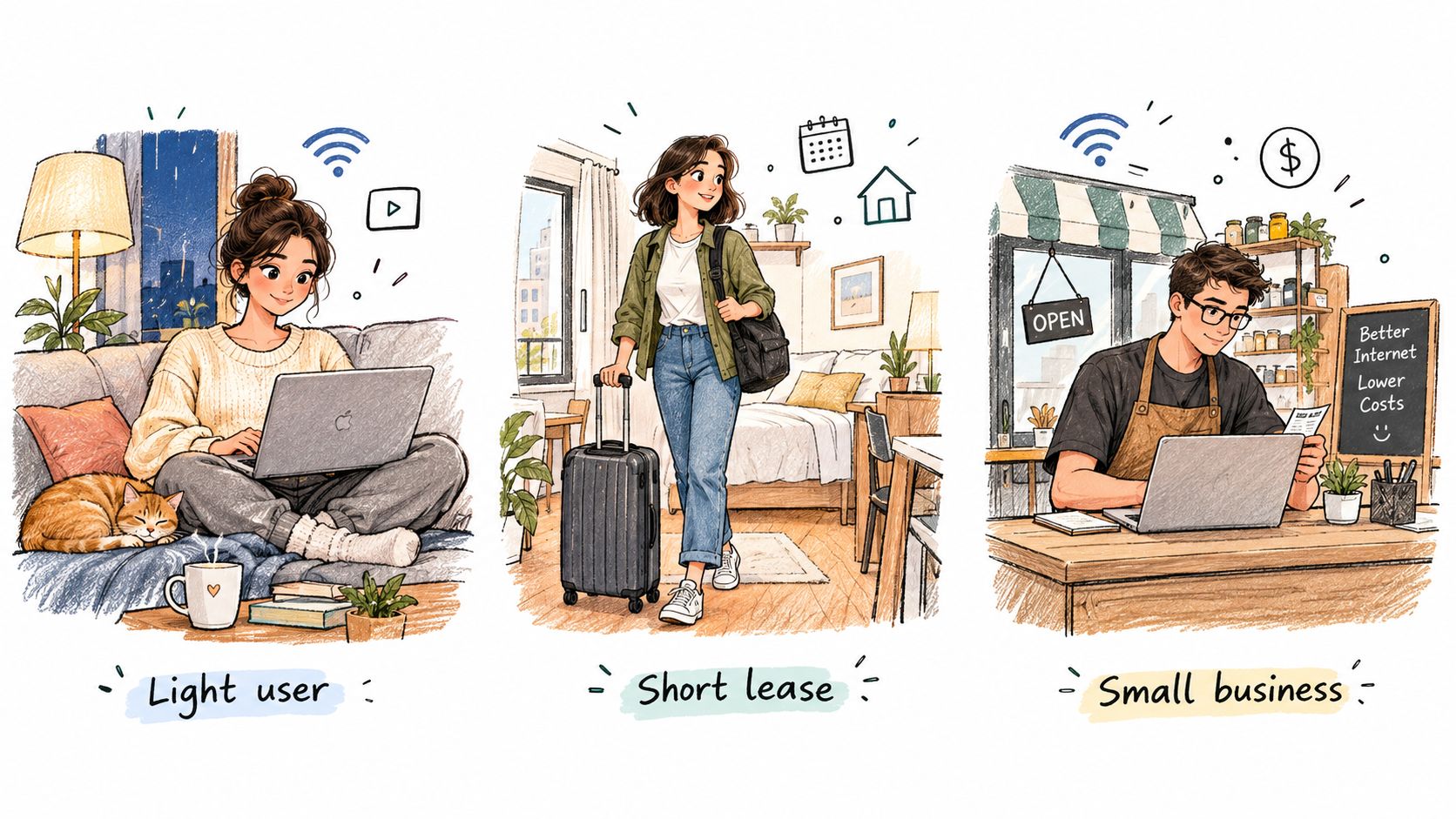 Three illustrations showing different internet user profiles: a light home user, a traveler, and a small business owner.