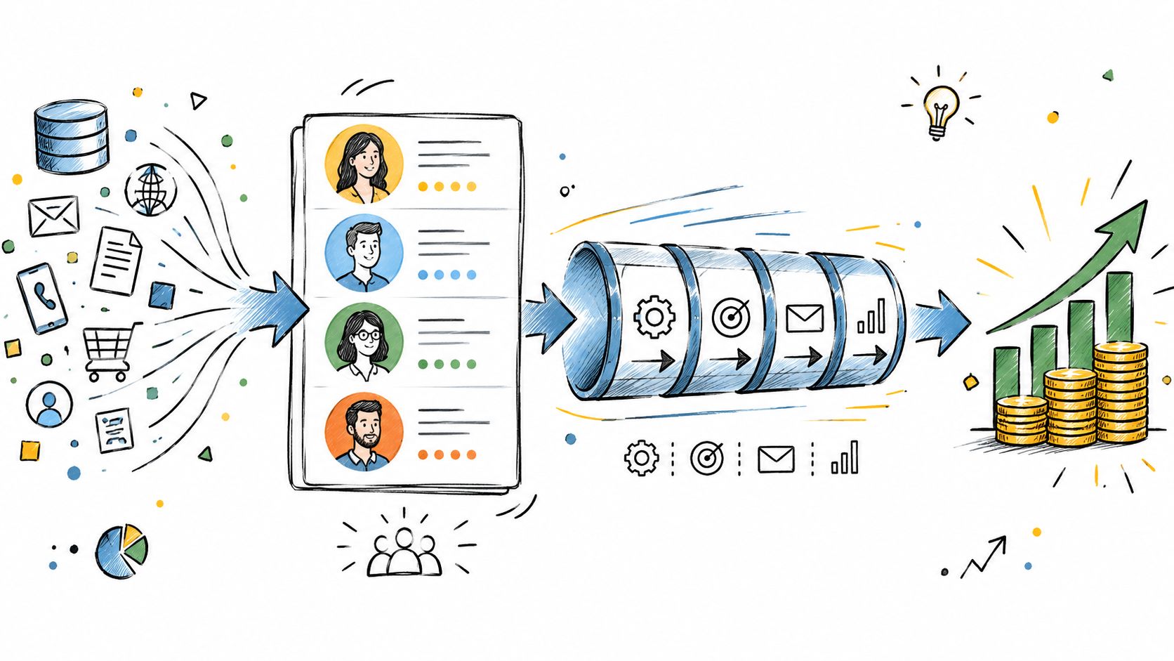 A conceptual diagram showing data streams funneling into user profiles, a processing pipeline, and final revenue growth.