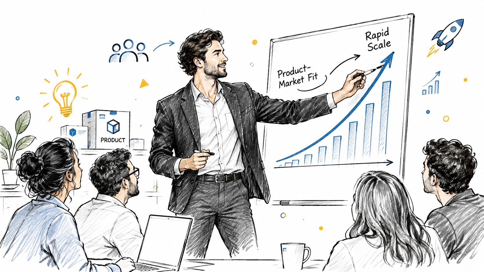 A professional business leader presenting a growth chart about product-market fit to a team in an office.