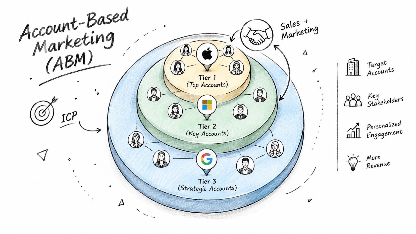 A hand-drawn illustration showing an Account-Based Marketing strategy with tiered target accounts and key stakeholders.