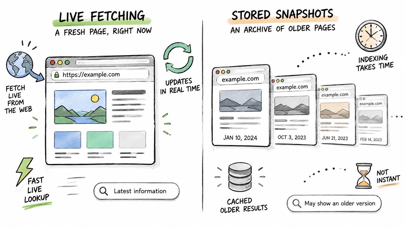 A diagram comparing live web fetching for real-time data versus stored snapshots from search engine archives.