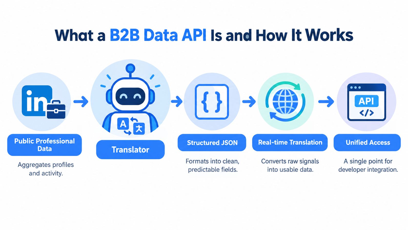 A diagram illustrating how a B2B data API works by processing professional data into usable structured formats.