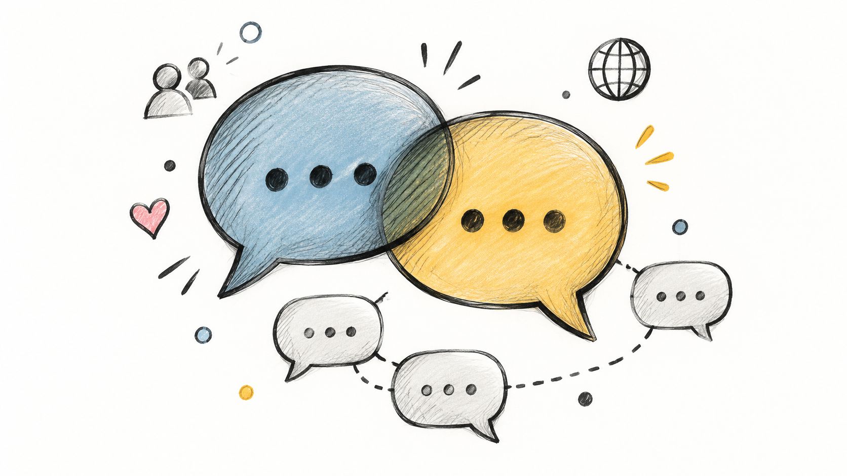 A hand-drawn illustration featuring interconnected blue and yellow speech bubbles representing communication and social media interaction.