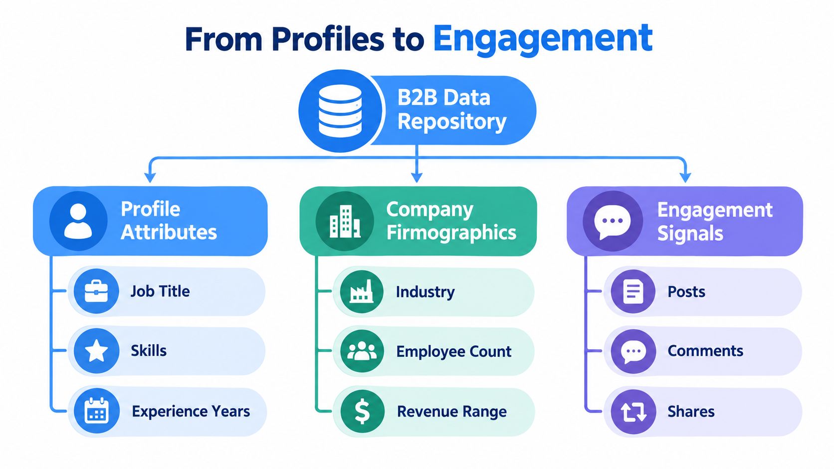A diagram illustrating how B2B data repositories organize profile attributes, company firmographics, and various engagement signals.