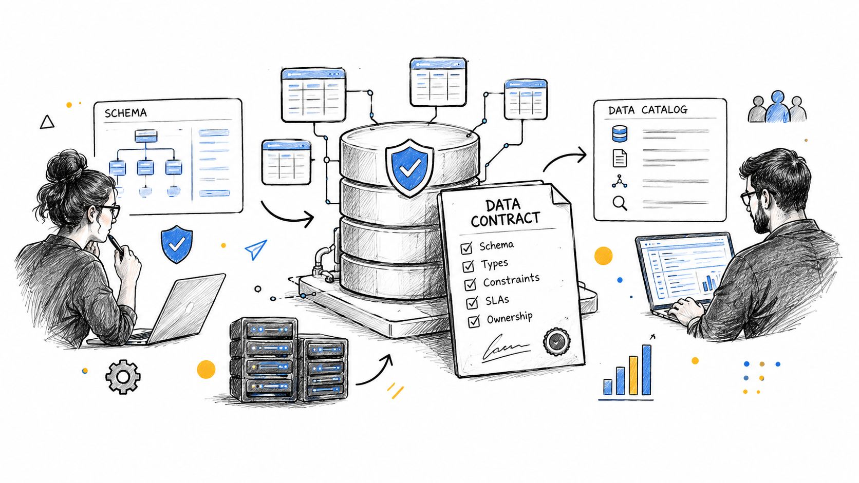 A professional illustration of data engineers working with data contracts, database schemas, and data catalog management systems.
