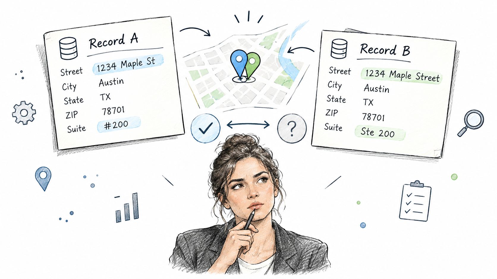 A professional woman pondering address discrepancies between two different database records to verify locations on a map.