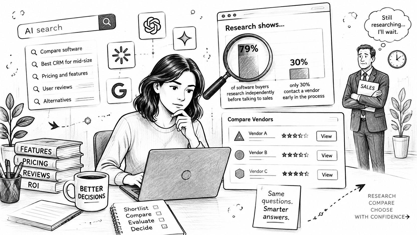 A woman researching software online while a salesperson waits in the background, illustrating self-guided buyer research.
