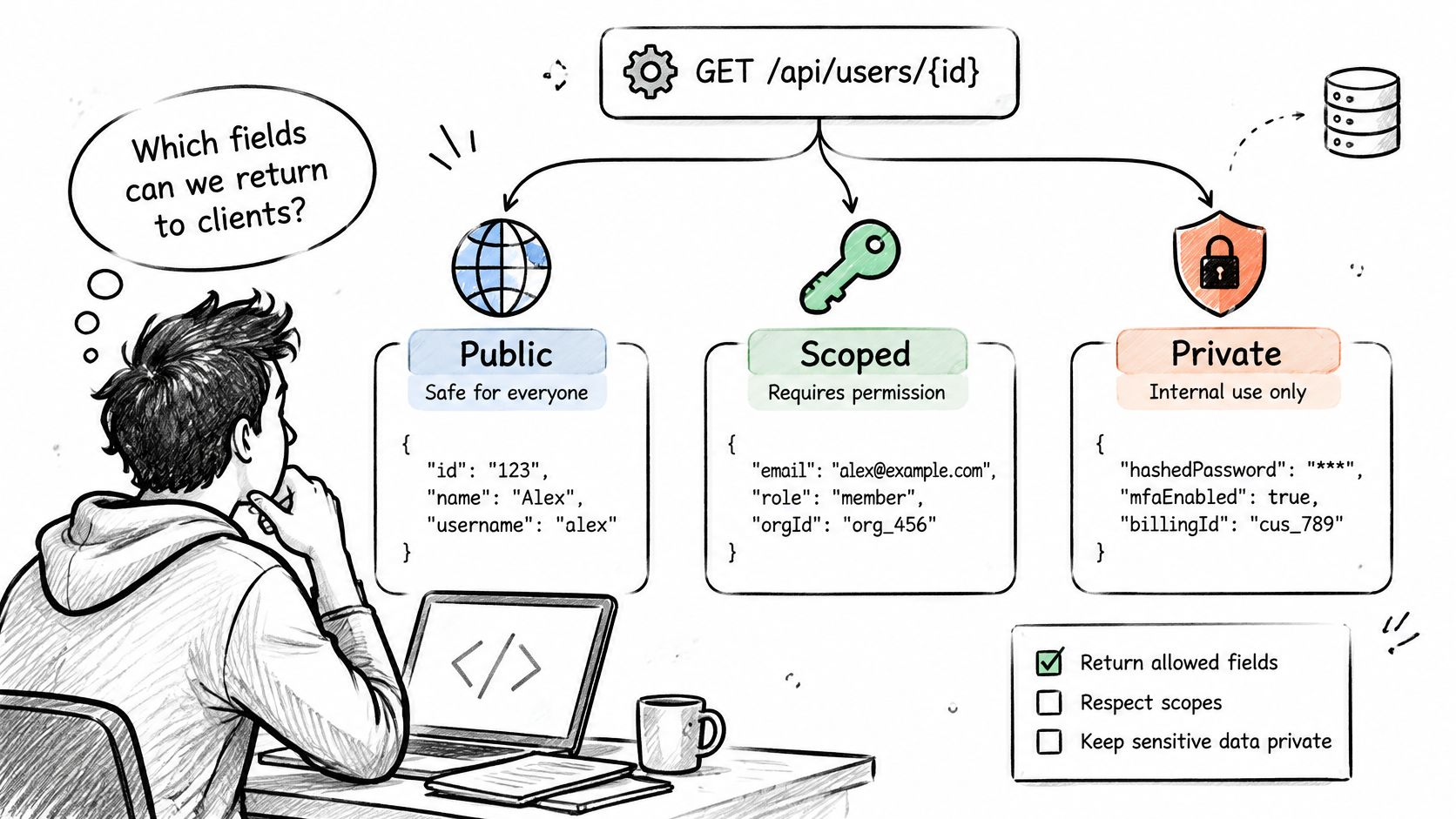 A hand-drawn illustration showing an API design concept with public, scoped, and private user data fields.
