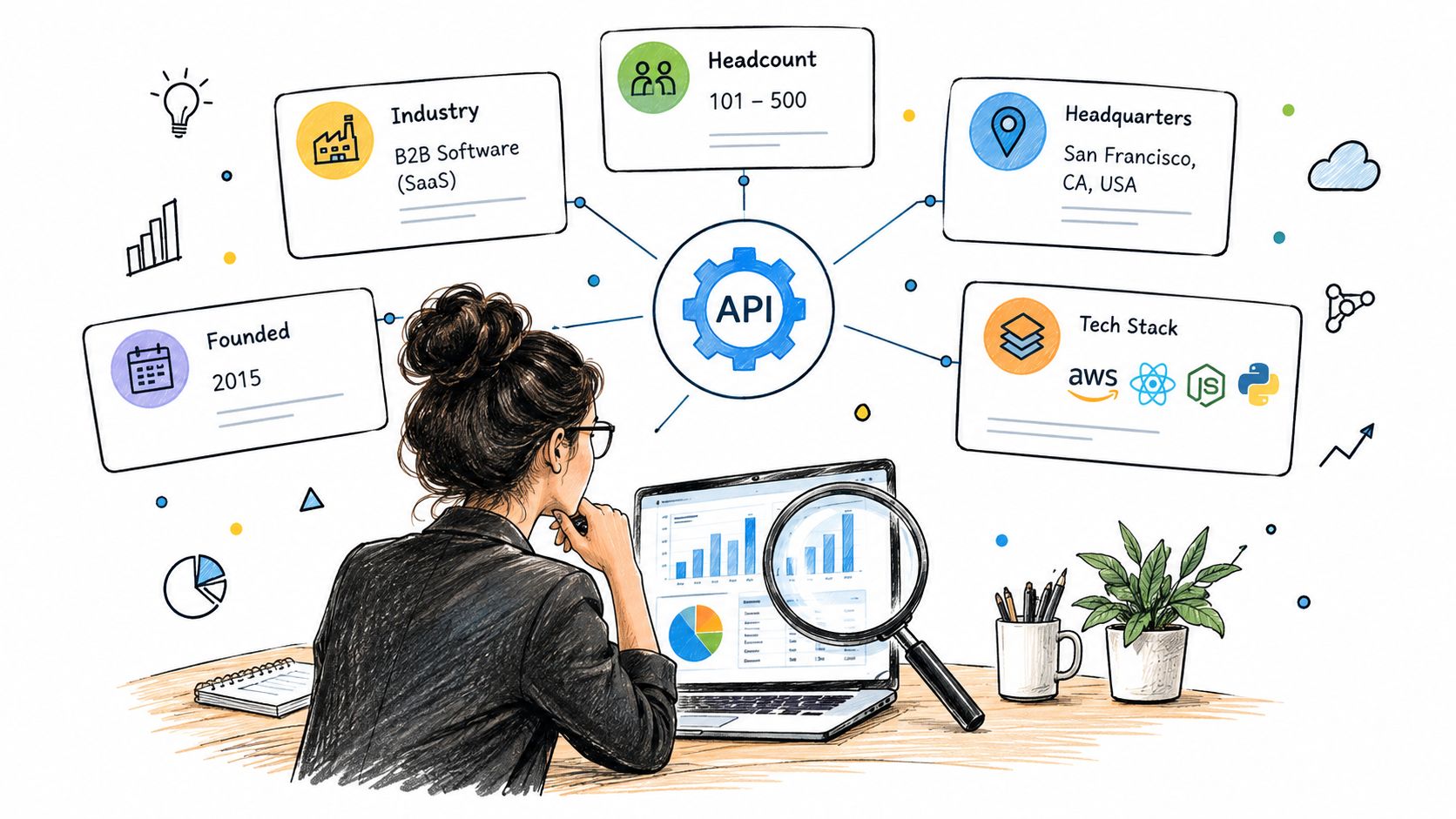 A professional analyzing business data on a laptop surrounded by illustrated company profile information cards.