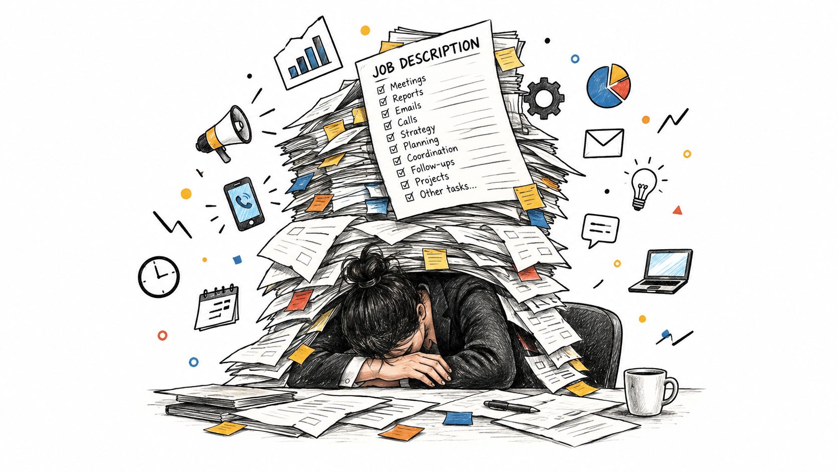 A businesswoman sleeping at her desk, overwhelmed by a massive pile of paperwork under a job description.