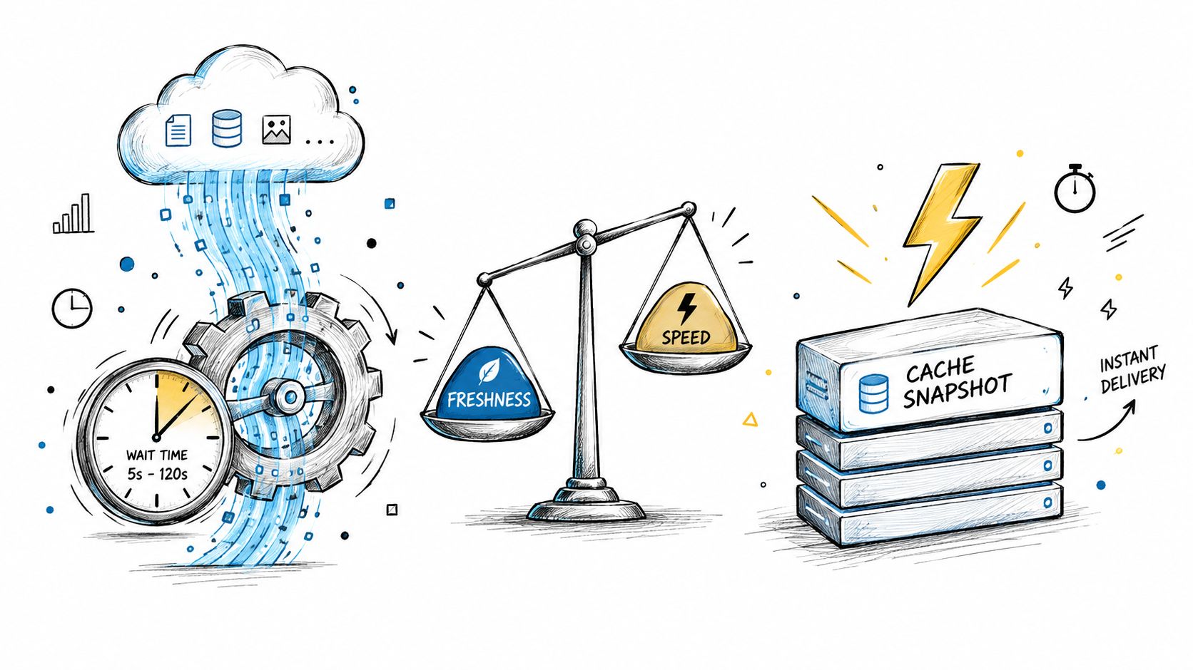 A conceptual diagram showing the trade-off between data freshness and delivery speed in caching systems.