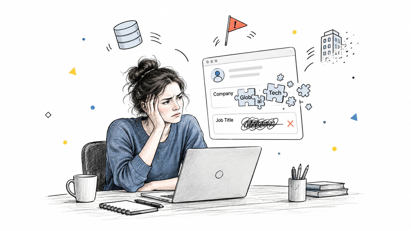 A frustrated woman working on a laptop, struggling with complex job data entry and digital puzzles.