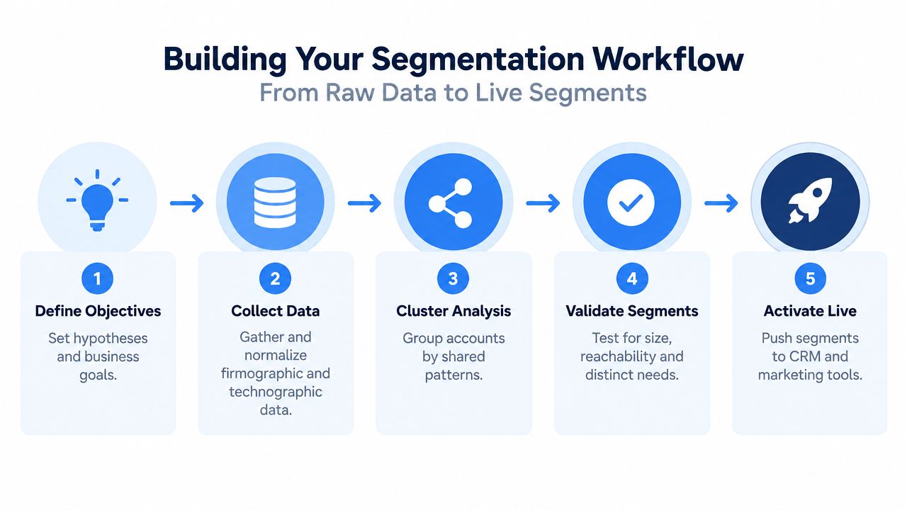 A five-step flowchart illustrating the professional B2B market segmentation workflow process from raw data to live activation.