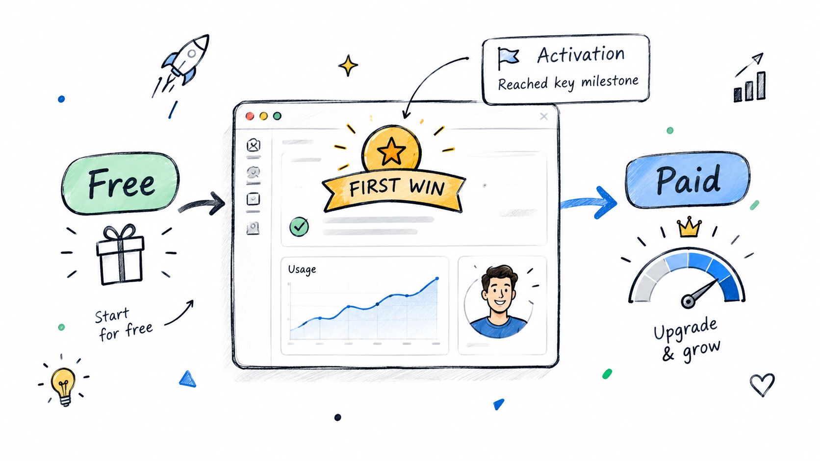 An illustration showing a user journey from free product usage to paid activation and growth.