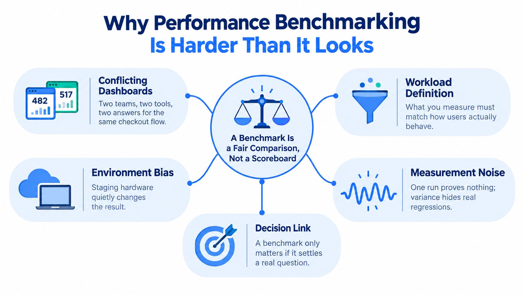 An infographic titled Why Performance Benchmarking Is Harder Than It Looks, highlighting five key challenges in measurement.