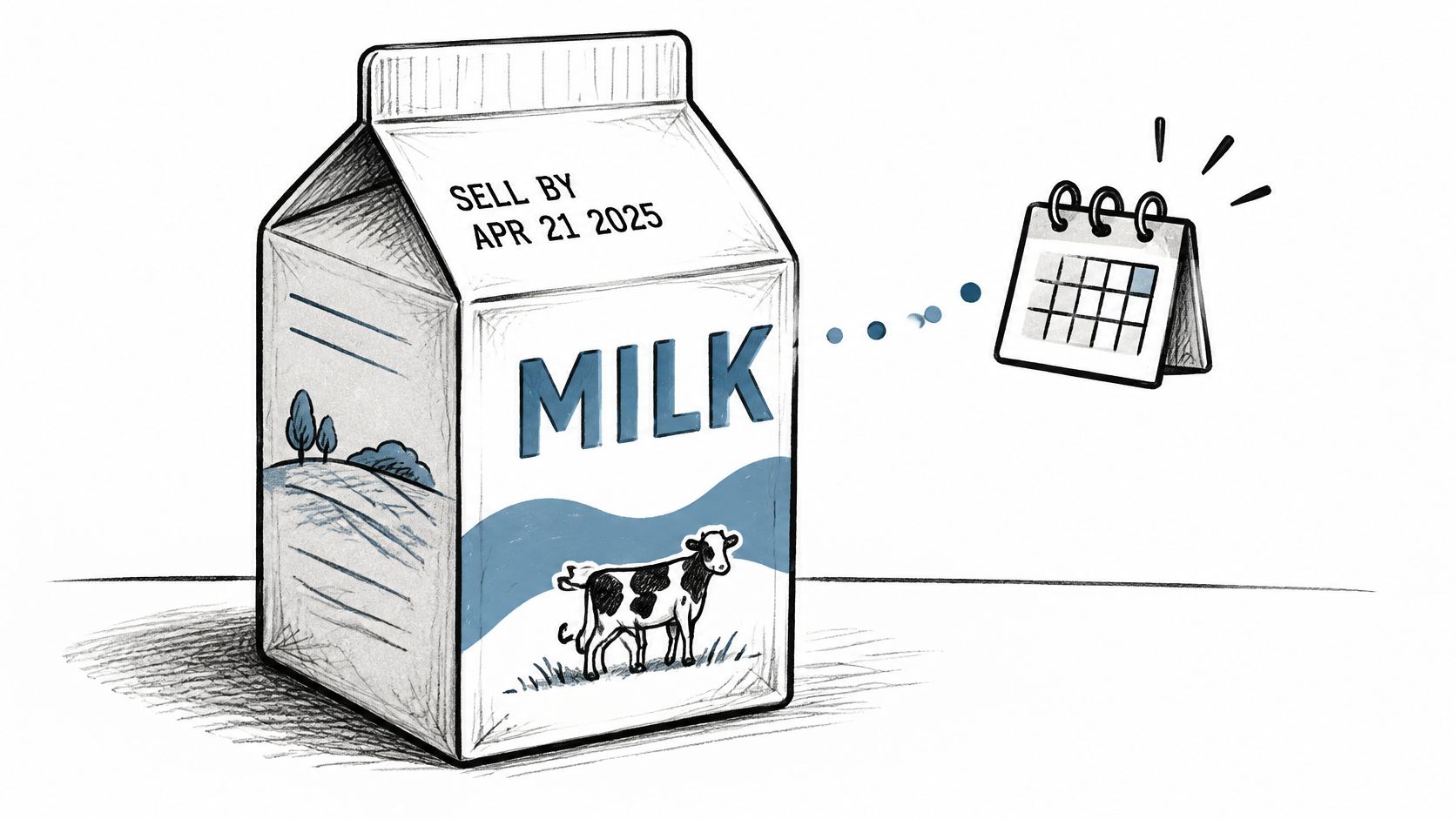 A hand-drawn carton of milk with a sell-by date next to a calendar icon.