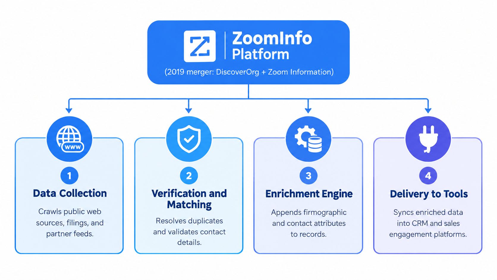 A diagram illustrating the four-step ZoomInfo data processing workflow from initial collection to final CRM integration.