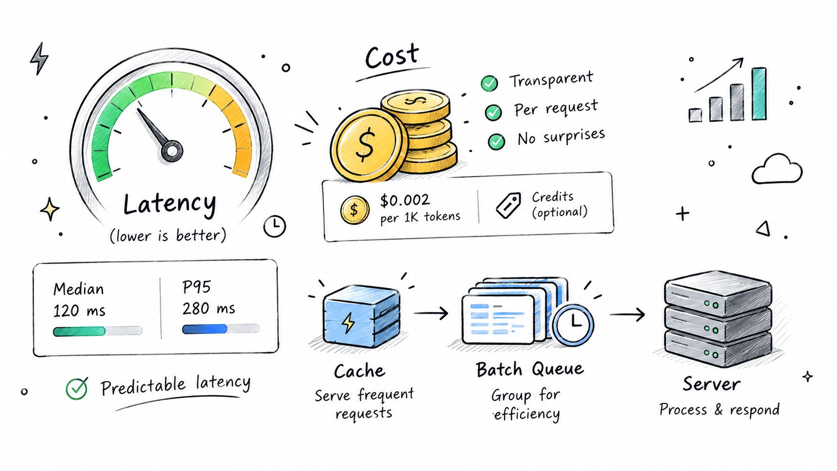 A hand-drawn technical diagram illustrating concepts of low latency, cost efficiency, caching, and batch processing for APIs.