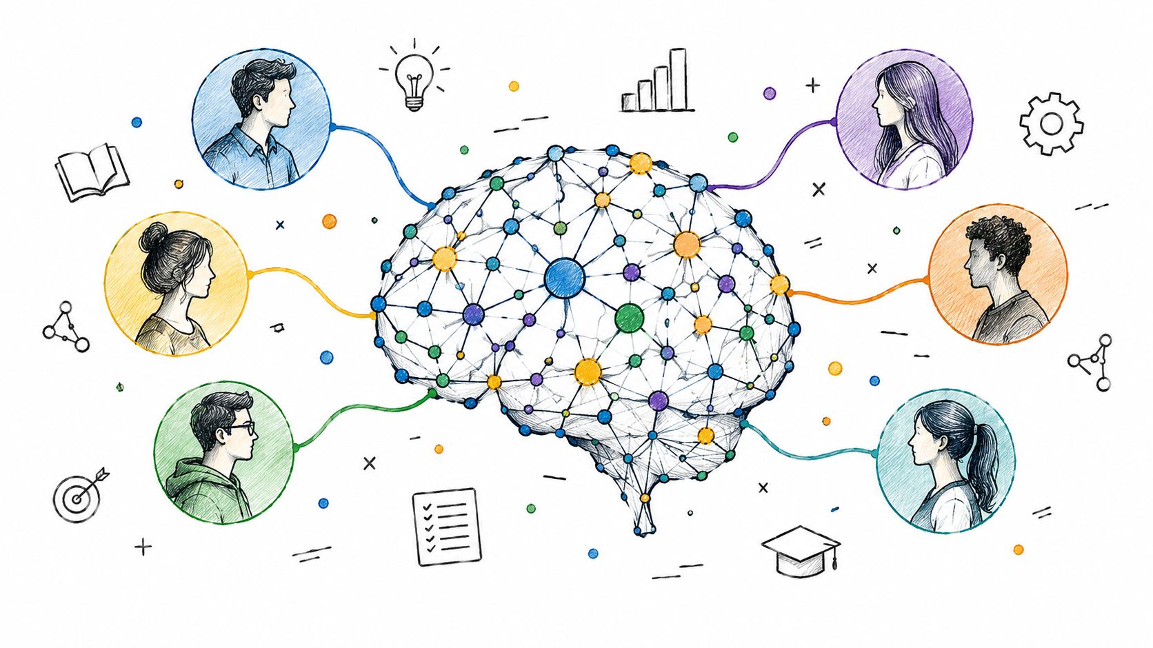 A digital illustration showing a brain connected to various people in colorful circles representing talent intelligence platforms.
