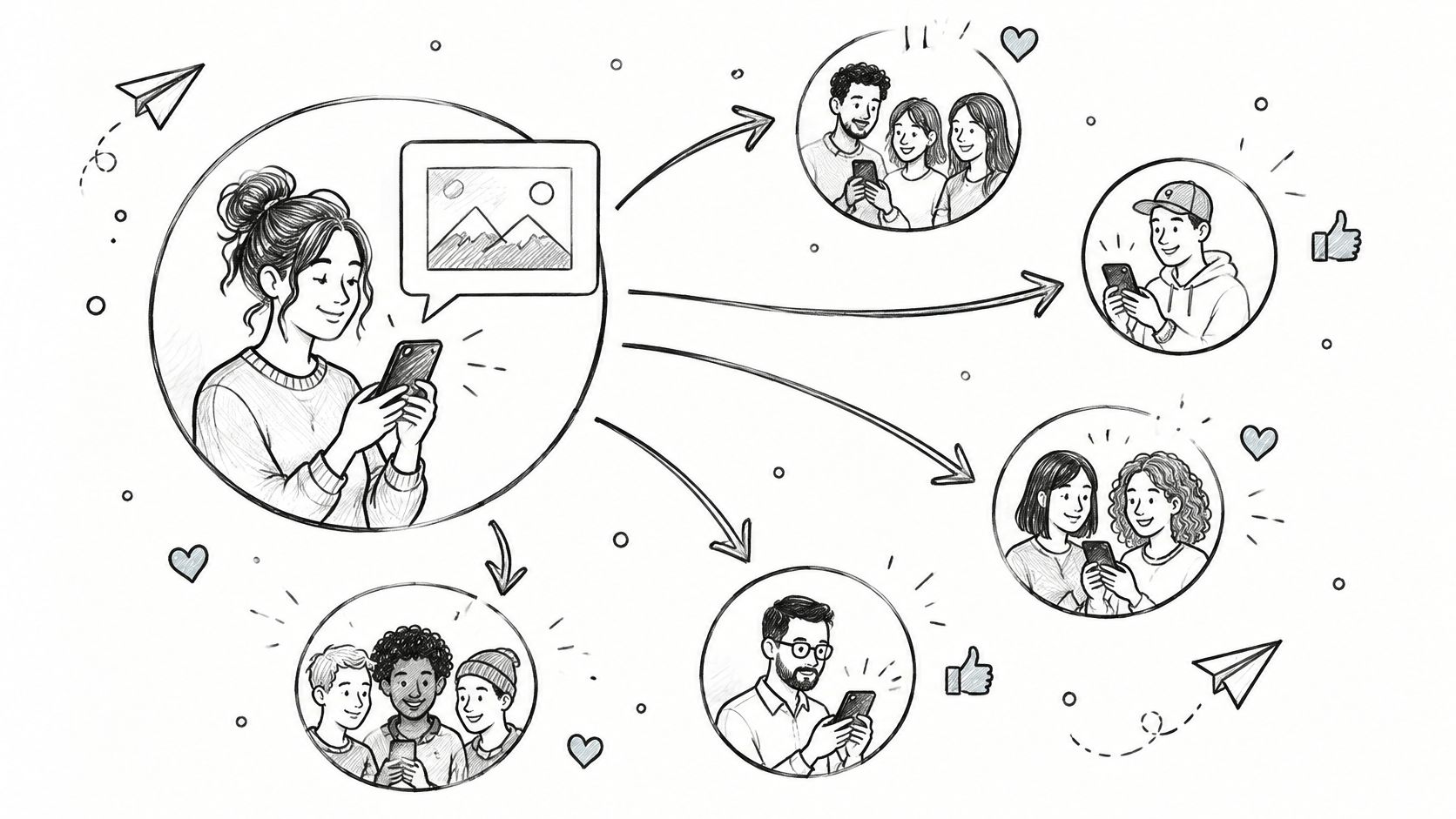 A hand-drawn illustration showing a person sharing an image from their phone to multiple friends online.